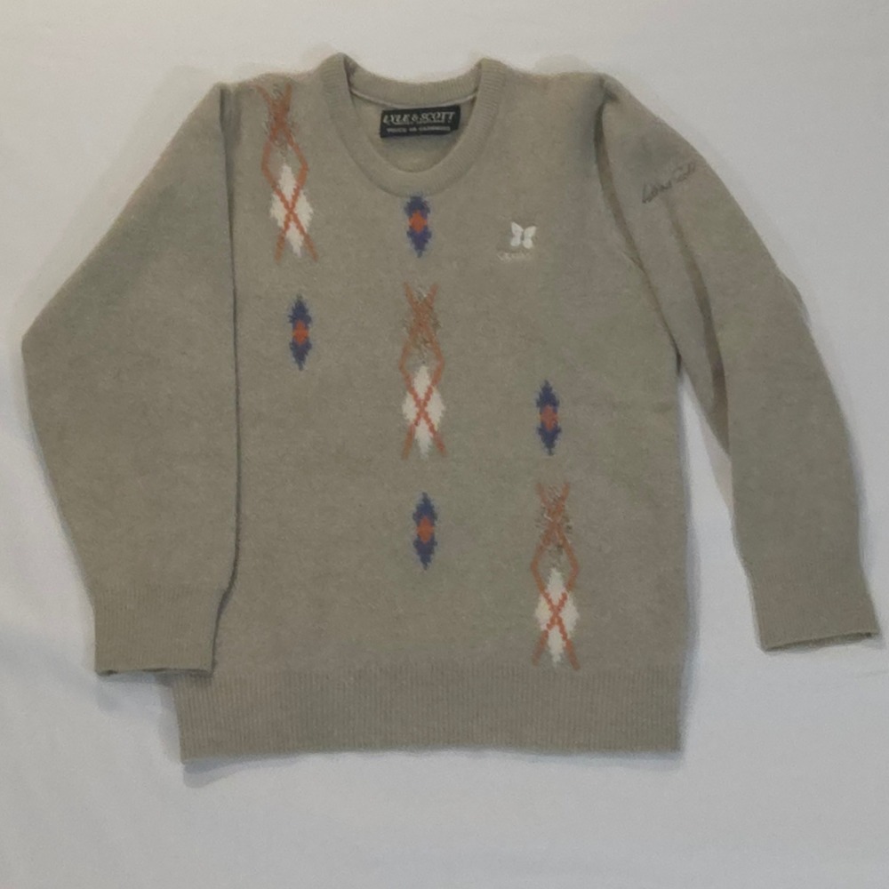 Vintage‎ Lyle & Scott Beige Argyle Sweater Touch of Cashmere Kapalua Logo